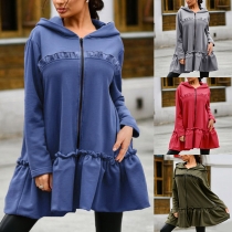 Casual Style Long Sleeve Hooded Ruffle Hem Sweatshirt Coat