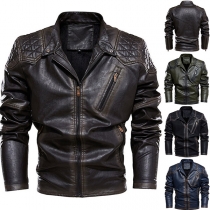 Retro Style Long Sleeve Zipper-pocket Slim Fit Man's PU Leather Coat