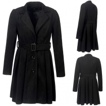 Fashion Solid Color Long Sleeve Notched Lapel Woolen Coat with Waistband