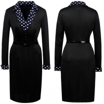 Fashion Dots Printed Spliced Notched Lapel Long Sleeve Slim Fit Dress