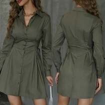 OL Style Long Sleeve POLO Collar Solid Color Shirt Dress