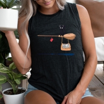 Cute Style Cat Printed Sleeveless Round Neck Tank Top