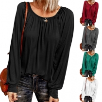 Simple Style Long Sleeve Round Neck Solid Color loose T-shirt