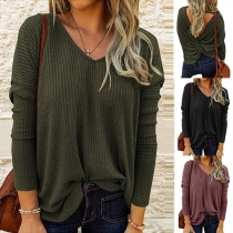 Sexy Twisted Backless V-neck Long Sleeve Solid Color Knit Top