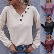 Casual Style Long Sleeve Button V-neck Loose T-shirt