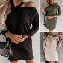 Sexy Off-shoulder Long Sleeve Round Neck Slit Hem Solid Color Dress