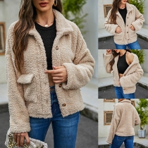 Fashion Solid Color Long Sleeve POLO Collar Single-breasted Plush Coat