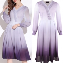 Elegant Long Sleeve V-neck High Waist Color Gradient Chiffon Dress