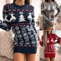 Fashion Long Sleeve Round Neck Christmas Pattern Slim Fit Sweater Dress
