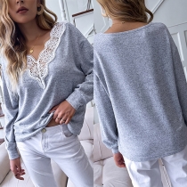 Fashion Lace Spliced V-neck Long Sleeve Loose T-shirt