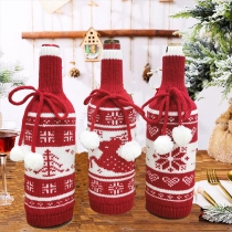 Cute Christmas Theme Hairball Spliced Knit Wine Bottle Cover Bag-3 Piece/Set