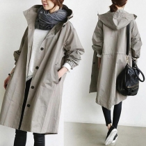 Fashion Solid Color Long Sleeve Hooded Single-breasted Windbreaker Coat Jacket