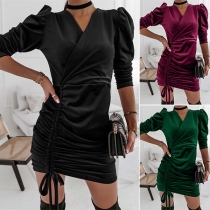 Sexy V-neck Irregular Drawstring Hem Long Sleeve Solid Color Dress
