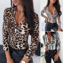 Sexy V-neck Long Sleeve Front-button Serpentine Printed T-shirt