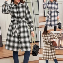 Fashion Long Sleeve POLO Collar Single-breasted Plaid Shirt-style Jacket with Waist Strap