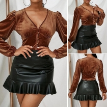 Sexy V-neck Puff Sleeve Solid Color Velvet Top
