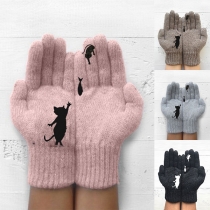Cute Style Cat & Fish Pattern Outdoor Cold-proof Knit Gloves