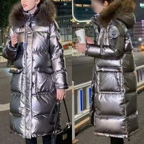 Fashion Faux Fur Spliced Hooded Long Sleeve Glossy Padded Coat