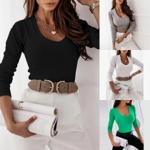 Fashion Solid Color Long Sleeve V-neck Slim Fit T-shirt