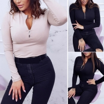 Fashion Solid Color Long Sleeve Zipper V-neck Slim Fit T-shirt