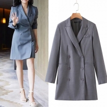 OL Style Long Sleeve Double-breasted Solid Color Slim Fit Suit Dress