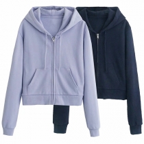 Fashion Solid Color Long Sleeve Hooded Sweatshirt Coat