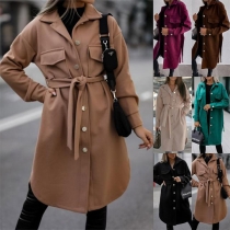 Fashion Solid Color Long Sleeve Single-breasted Woolen Coat with Waist Strap