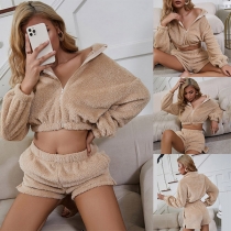 Fashion Solid Color Stand Collar Plush Crop Top + Shorts Two-piece Set