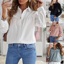 OL Style Long Sleeve POLO Collar Solid Color Shirt