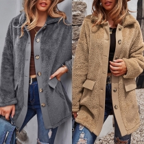 Fashion Solid Color Long Sleeve POLO Collar Single-breasted Plush Coat