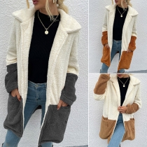 Fashion Contrast Color Long Sleeve Plush Coat