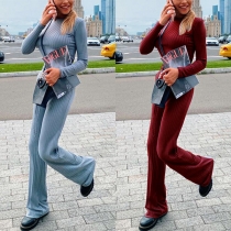 Fashion Solid Color Long Sleeve Crop Top + High Waist Pants Two-piece Set