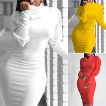 Fashion Solid Color Lantern Sleeve Cowl Neck Slim Fit Dress