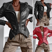 Fashion Long Sleeve Lapel Irregular Hem Slim Fit PU Leather Jacket
