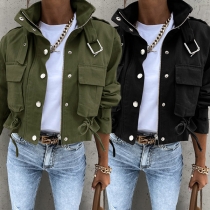 Fashion Solid Color Long Sleeve Big-pocket Stand Collar Jacket