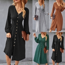Fashion Solid Color Long Sleeve V-neck High Waist Front-button Dress