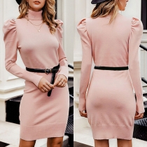 Fashion Solid Color Puff Sleeve Turtleneck Slim Fit Knit Dress