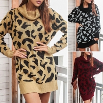 Fashion Long Sleeve Turtleneck Slim Fit Leopard Printed Knit Sweater Dress