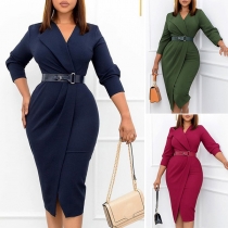 OL Style Long Sleeve V-neck Solid Color Slim Fit Dress with Waistband