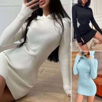 Fashion Solid Color Long Sleeve Hooded Slim Fit Knit Dress