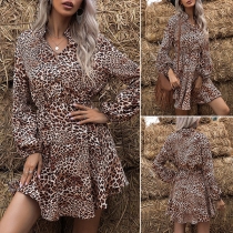 Fashion Long Sleeve V-neck Elastic Waist Leopard Printed Dress