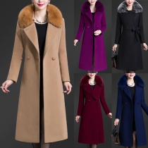 Fashion Solid Color Faux Fur Collar Slim Fit Woolen Coat