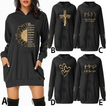 Casual Style Long Sleeve Hooded Printed Sweatshirt Dress