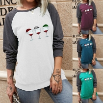Casual Style Contrast Color Long Sleeve Round Neck Wine Glass Printed T-shirt