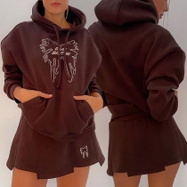 Casual Style Long Sleeve Hooded Embroidery Sweatshirt + Skirt Two-piece Set