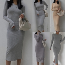 Simple Style Long Sleeve Round Neck Solid Color Tight Dress