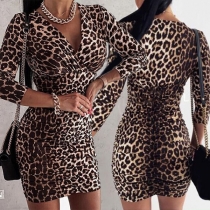 Sexy Deep V-neck Long Sleeve Slim Fit Leopard Printed Dress
