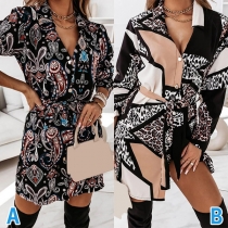 Sexy V-neck Long Sleeve Tie-belt Printed Shirt Dress