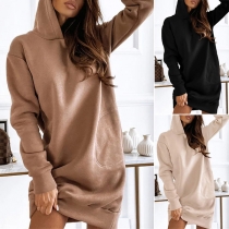 Casual Style Long Sleeve Hooded Solid Color Loose Sweatshirt Dress