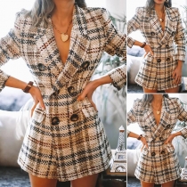 OL Style Long Sleeve Double-breasted Slim Fit Plaid Woolen Coat